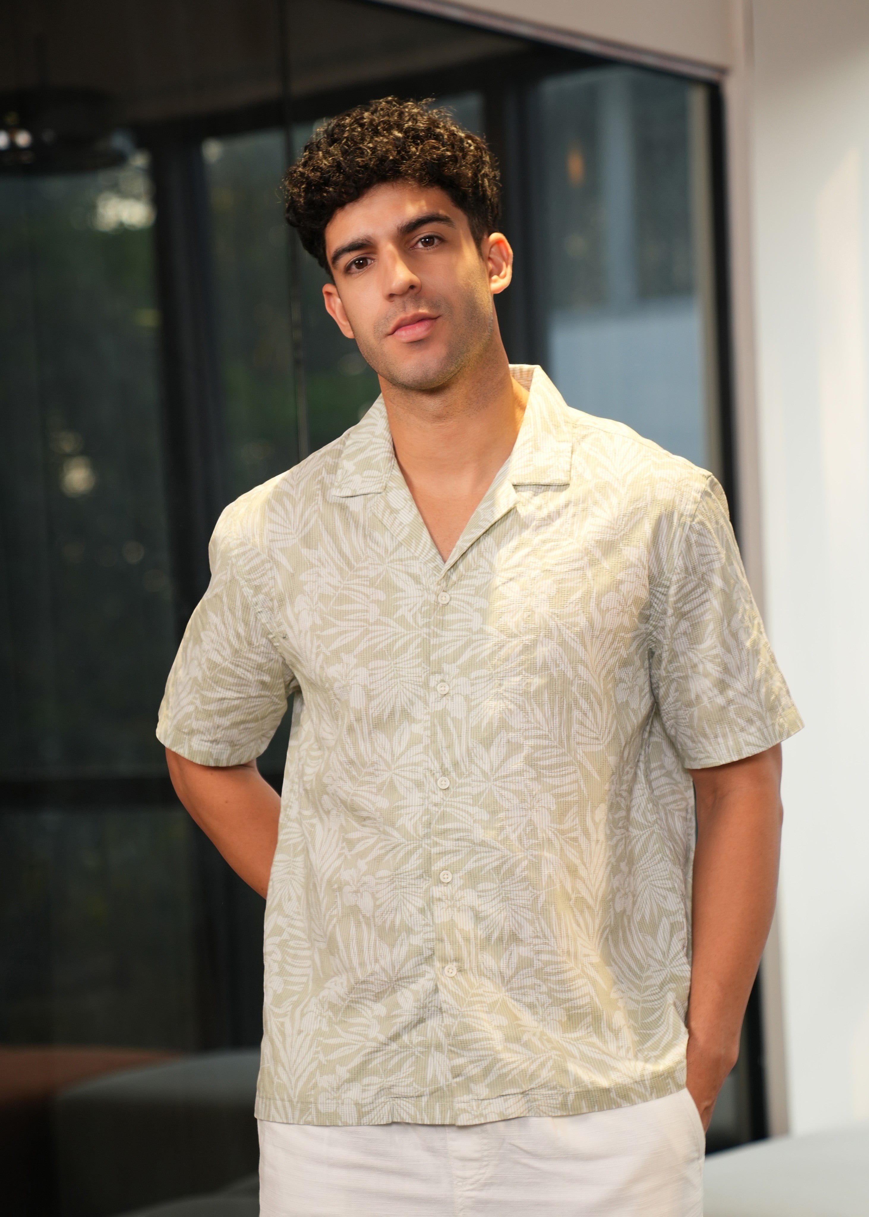 Regular Fit Printed Self Stripe Dobby Camp collar Shirt